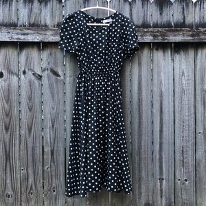 Cherry Style Black & White Polka Dot Midi Dress Short Sleeves Retro